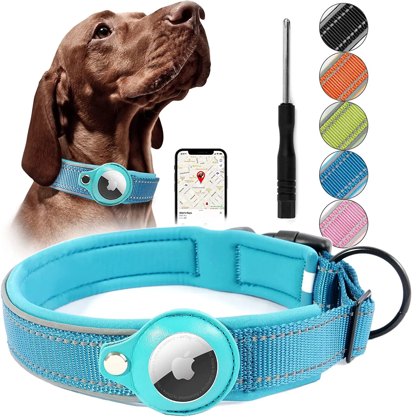 Reflective Airtag Dog Collar, Heavy Duty Apple Air Tag Dog Collar, Padded Pet Collar with 2022 Updated Airtag Dog Collar Holder Case, Adjustable for Small Medium Large Breeds, Pink Small Electronics > GPS Accessories > GPS Cases Taporse Blue X-Large 19“-21.5”