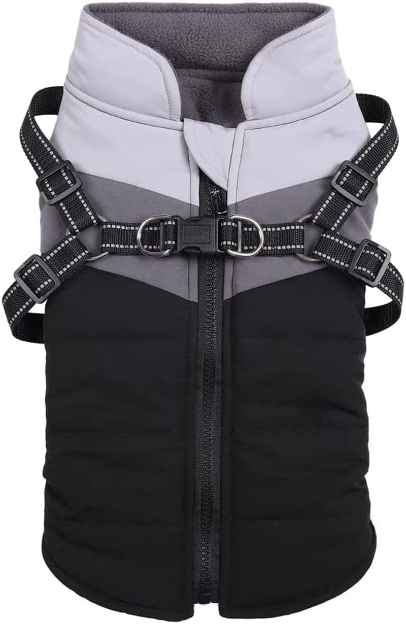 Gyuzh Padded Vest Dog Jacket Warm Zip up Dog Vest Jacket with Harness Winter Small Dog Coat - Dog Clothes for Small Dogs (Pink + Grey, Small) Animals & Pet Supplies > Pet Supplies > Dog Supplies > Dog Apparel Gyuzh Black + Grey Small