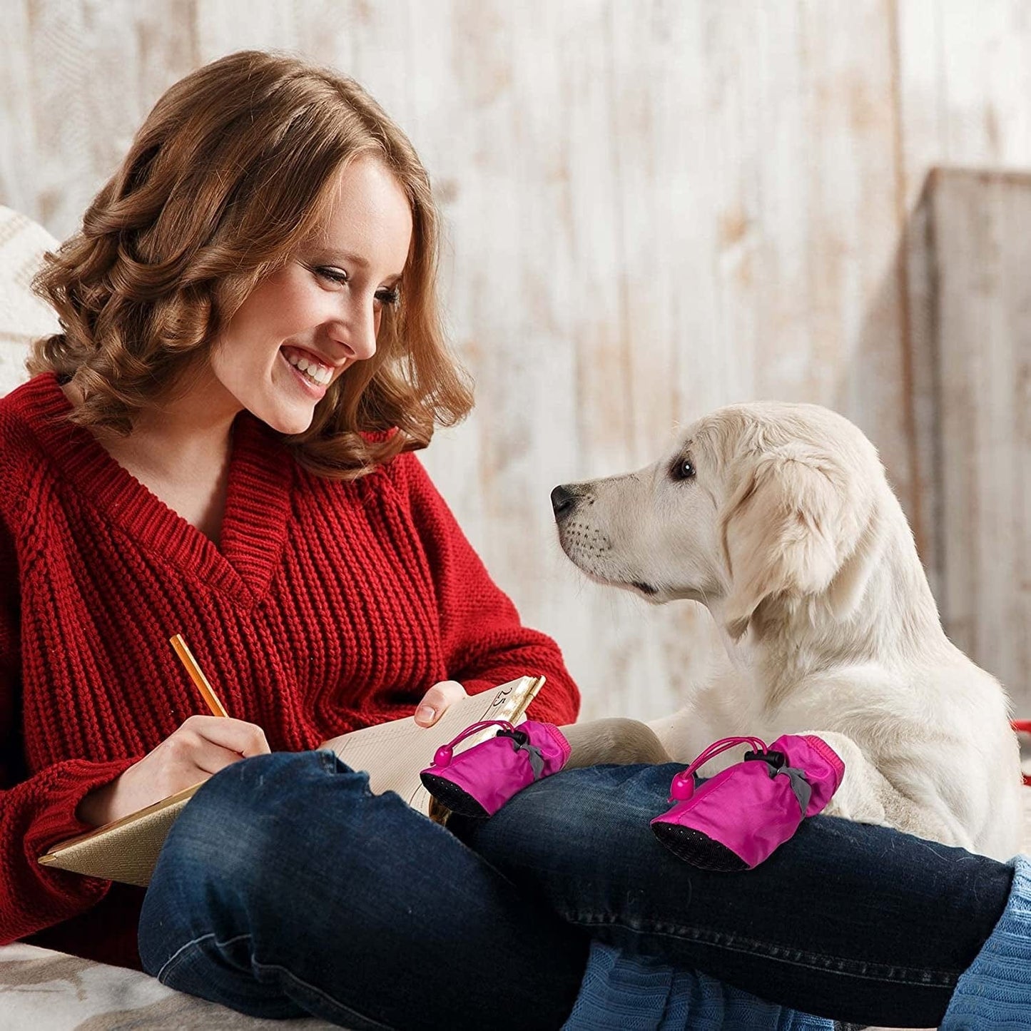 HINZIC 2 Sets Anti-Slip Dog Boots 8PCS Waterproof Dog Shoes with Reflective Straps Dog Paw Protectors Pet Supplies Accessories for Indoor Outdoor Walking Stop Scratching Medium- Pink/Black Animals & Pet Supplies > Pet Supplies > Dog Supplies > Dog Apparel HINZIC