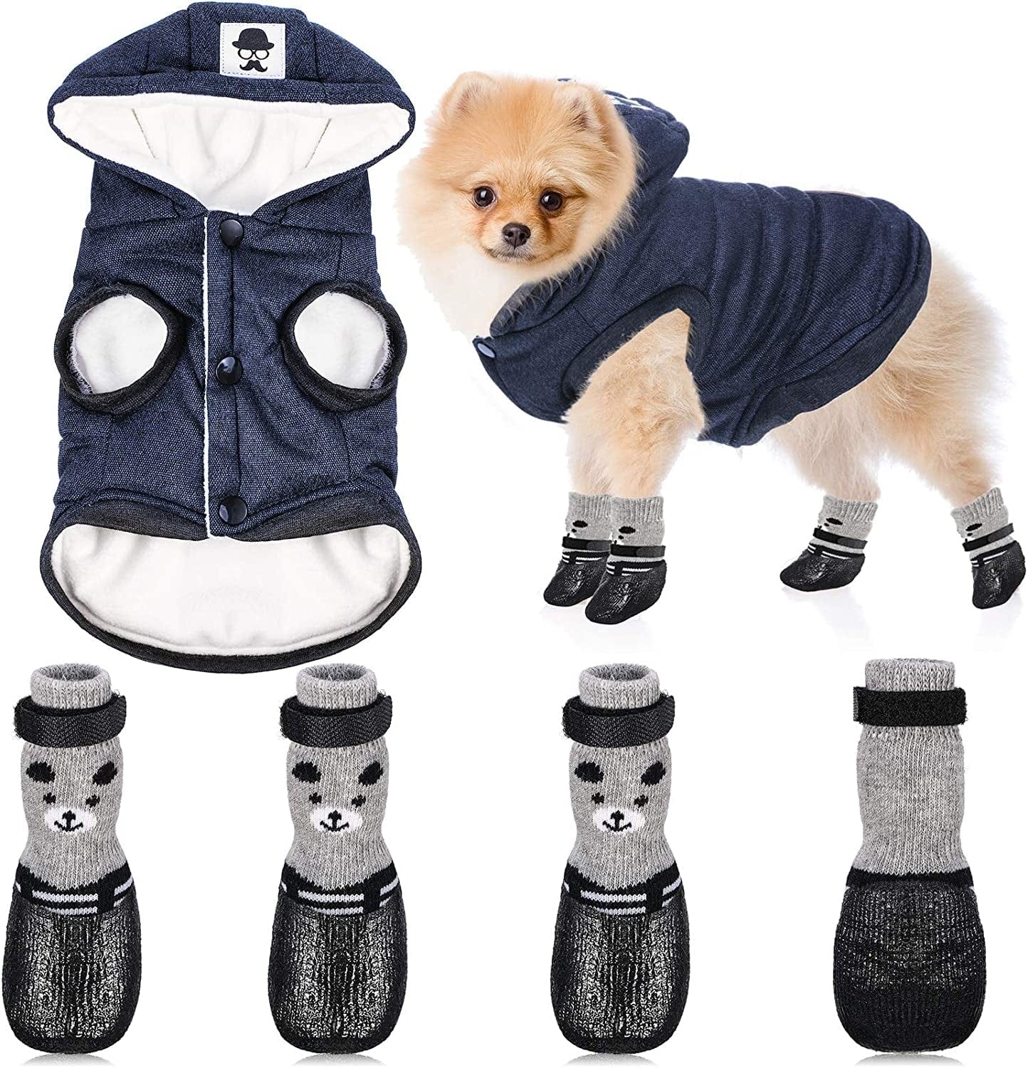 Hooded Dog Coat and Dog Cat Boots Shoes Socks Stylish Puppy Clothes Warm Dog Jacket Waterproof Dog Shoes for Small Puppy (Black,S) Animals & Pet Supplies > Pet Supplies > Dog Supplies > Dog Apparel Weewooday Navy Blue Medium