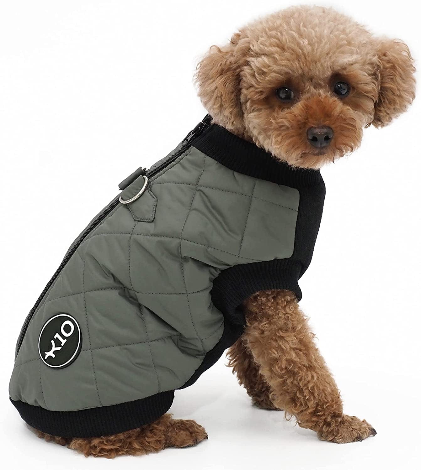K10 Quiltee Coat - Warm Dog Coat with Leash Attachment - Water Resistant Jacket with Leash Ring - Built in D Ring Harness - Fleece Lined Vest - Lighter than a Sweater - Small Dogs (XS, Silver Grey) Animals & Pet Supplies > Pet Supplies > Dog Supplies > Dog Apparel K10 Olive Green S