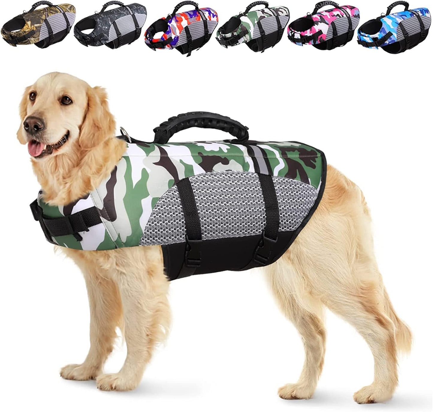 KOESON Dog Life Jacket Ripstop Pet Safety Life Vest, Adjustable Dogs Lifesaver Vest with Enhanced Buoyancy and Rescue Handle, Camouflage Swimsuit Preserver for Small Medium and Large Dogs (Orange, M) Animals & Pet Supplies > Pet Supplies > Dog Supplies > Dog Apparel KOESON Green Small