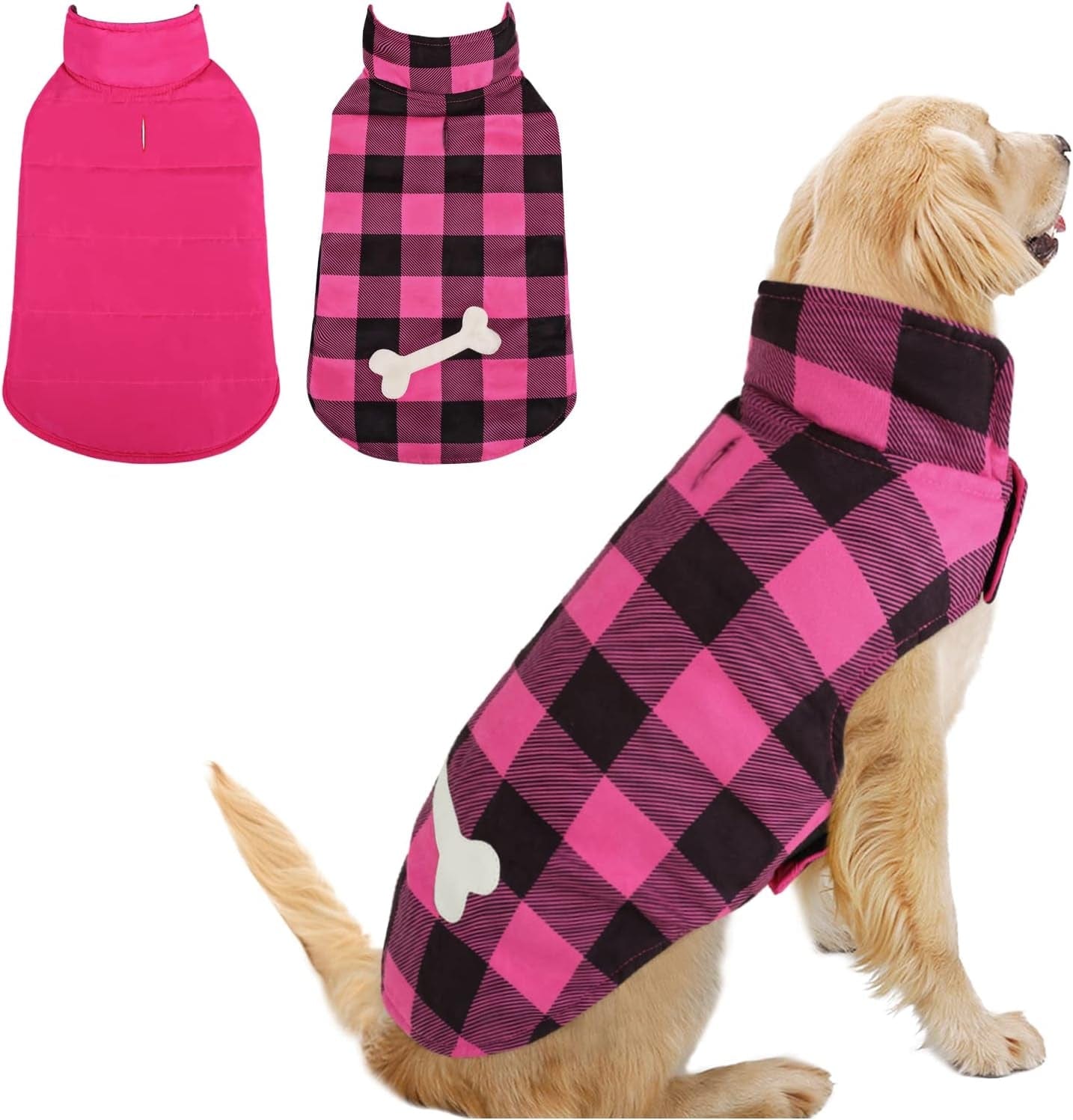 MORVIGIVE Reversible Plaid Winter Dog Coats, Waterproof British Style Puppy Snow Jacket with Harness Hole High Collar, Windproof Cold Weather Dog Vest Warm Pet Apparel for Small Medium Large Dogs Animals & Pet Supplies > Pet Supplies > Dog Supplies > Dog Apparel MORVIGIVE Hot Pink Medium