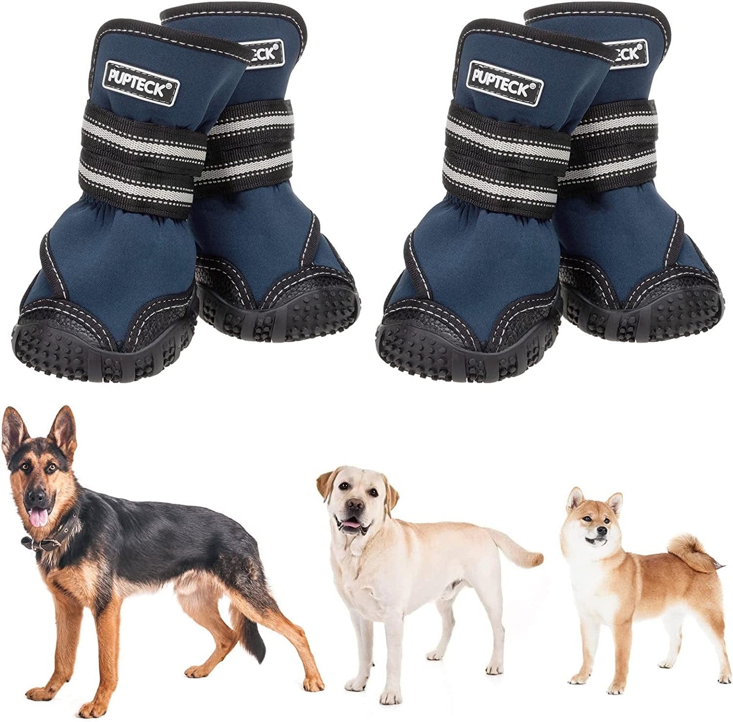 PUPTECK Dog Boots for Winter, Waterproof 2 Pairs Anti-Slip Paw Protector - Doggy Shoes with Reflective Straps for Medium Large Doggies Outdoor Hiking Walking Running Animals & Pet Supplies > Pet Supplies > Dog Supplies > Dog Apparel PUPTECK Navy #10 - 3.35"x2.76" (L*W) for 66-90 lbs