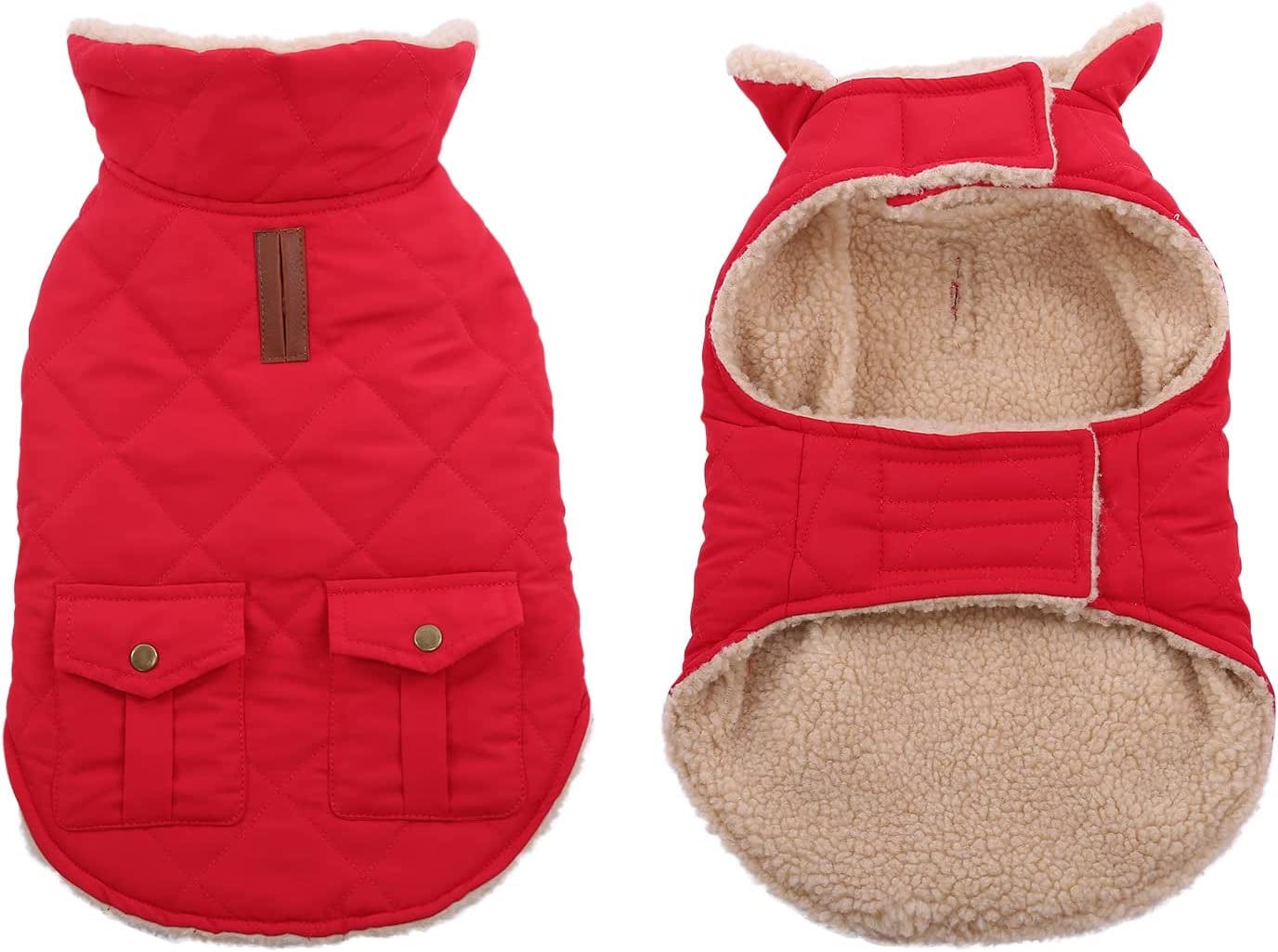 Queenmore Cold Weather Dog Coat, Winter Quilting Dog Jacket Ultra Warm Thick Plush Lining with Storage Pockets (Brown, Medium) Animals & Pet Supplies > Pet Supplies > Dog Supplies > Dog Apparel Queenmore Red Large