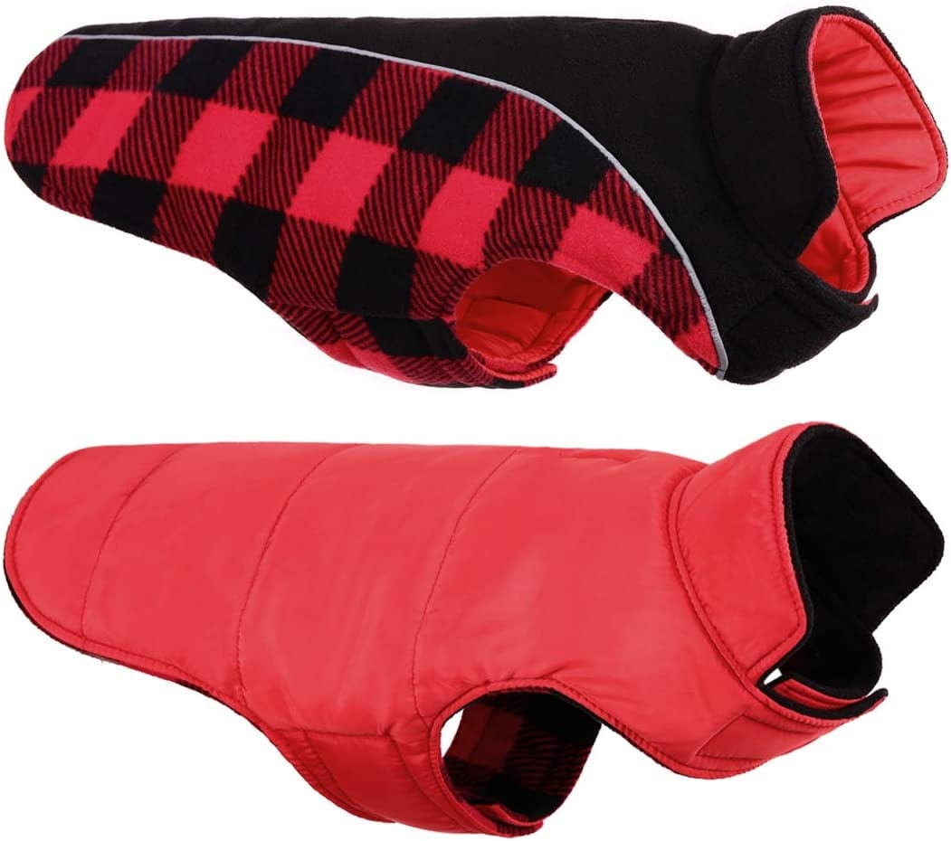 Queenmore Warm Dog Jacket, Reversible Dog Winter Coat, Reflective Windproof Waterproof Dog Clothes for Winter, Plaid Dog Coats for Small Medium Large Dogs Boy Girl Dogs, Red, M Animals & Pet Supplies > Pet Supplies > Dog Supplies > Dog Apparel Queenmore Red X-Large