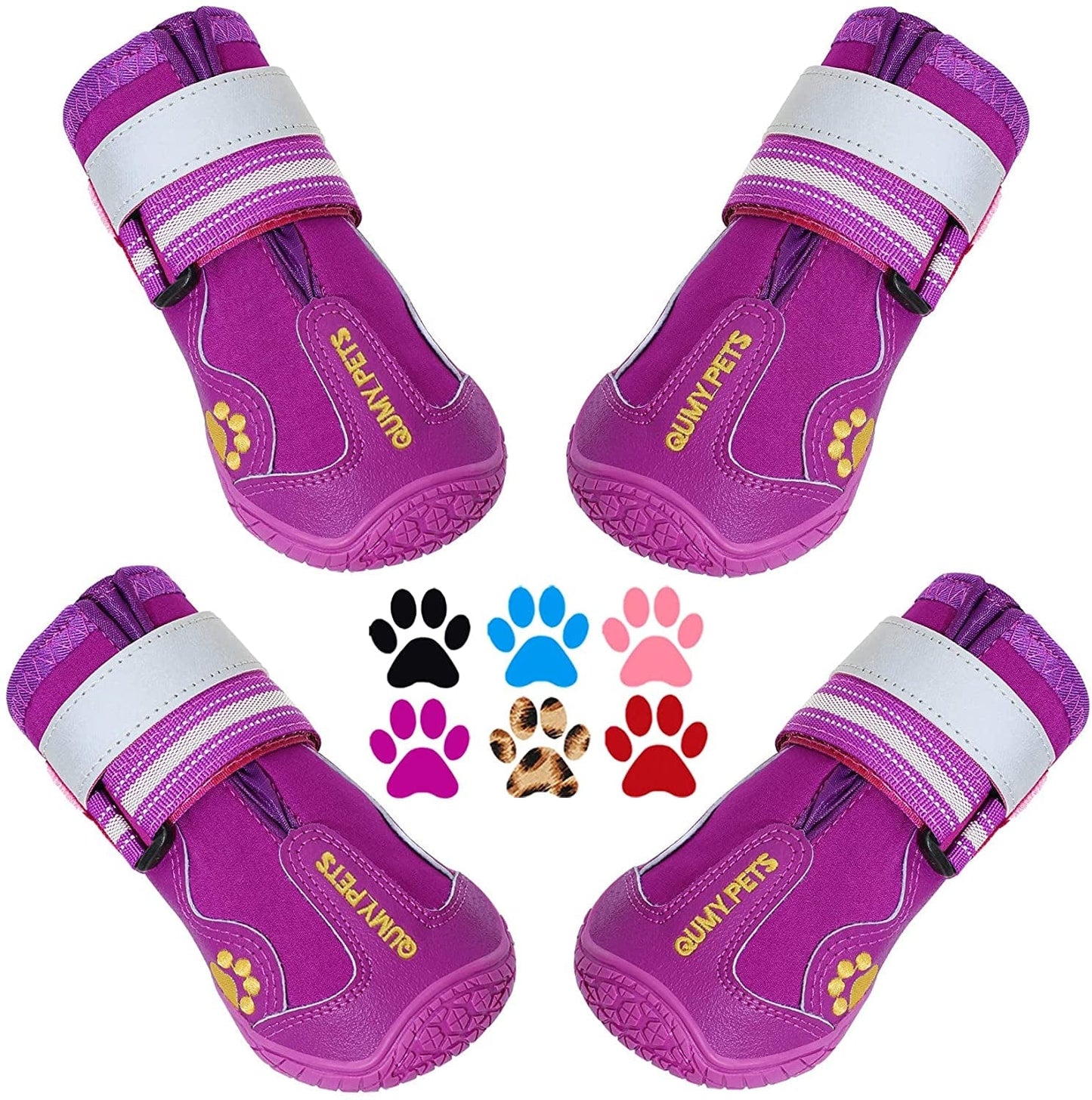 QUMY Dog Boots Waterproof Shoes for Dogs with Reflective Strips Rugged Anti-Slip Sole Black 4PCS (Size 6: 2.6''X3.0''(W*L) for 52-65 Lbs, Pink) Animals & Pet Supplies > Pet Supplies > Dog Supplies > Dog Apparel QUMY Purple Size 7: 2.8''x3.2"(W*L) (Pack of 4)