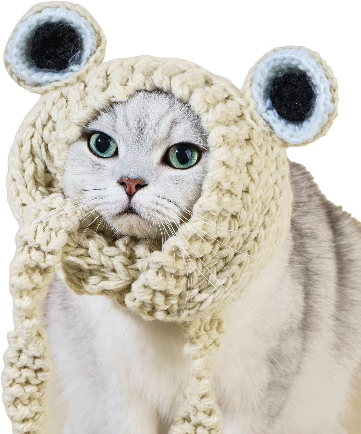 QWINEE Cat Costume Lion Head Frog Funny Mane Cat Hat Halloween Christmas Party Costume Headwear for Puppy Cat Kitten Small Dogs Grey S