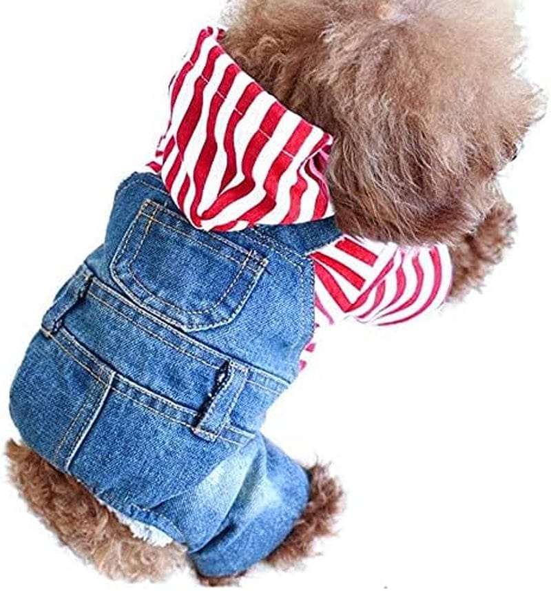 Rooroopet Pet Denim Dog Jeans Jumpsuit Overall Strip Hoodie Coat Classic Jacket Puppy Blue Vintage Washed for Small Medium Dogs and Cats Animals & Pet Supplies > Pet Supplies > Dog Supplies > Dog Apparel rooroopet Red XX-Large