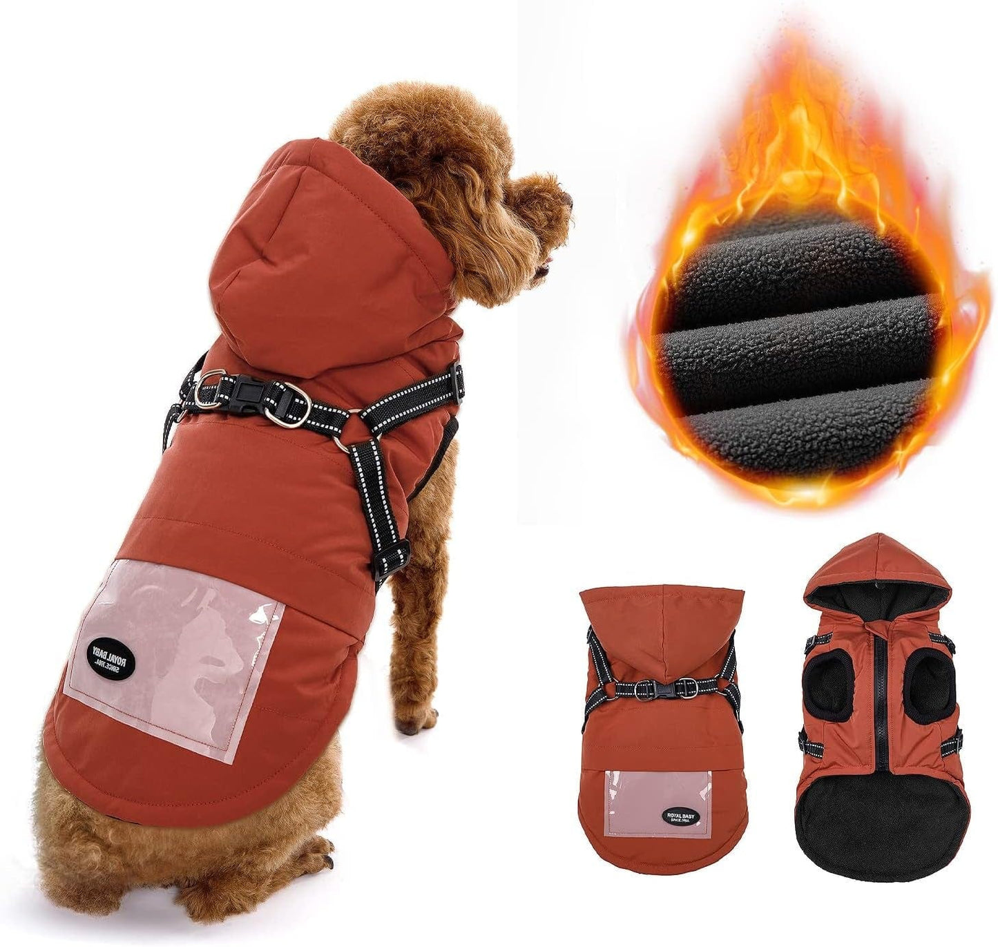 Slowton Dog Jacket with Harness Built In, Waterproof Fleece Winter Warm Dog Coats for Small Medium Dogs, Reflective Adjustable Furry Puppy Vest Clothes for Outdoor Walking (Blue S) Animals & Pet Supplies > Pet Supplies > Dog Supplies > Dog Apparel SlowTon Red Medium (Chest 11.8"-13.4")