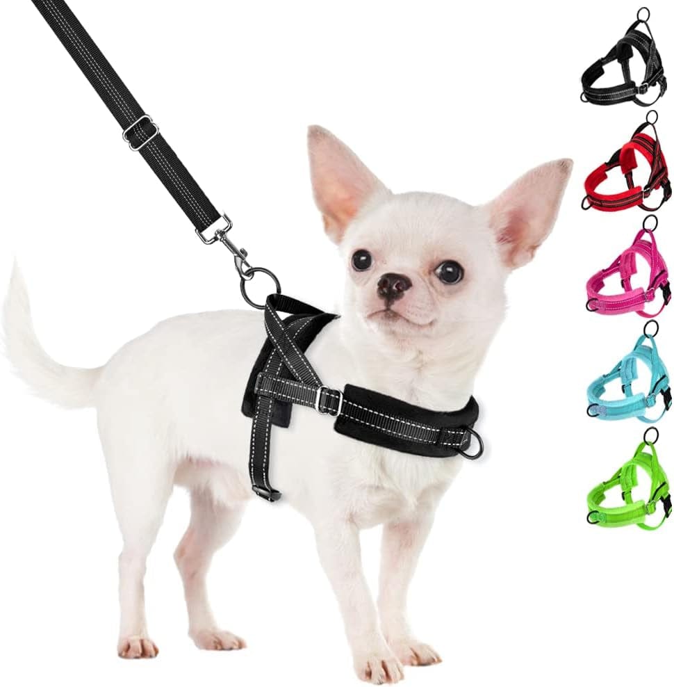 Slowton No Pull Small Dog Harness and Leash Set, Puppy Soft Vest Harness Neck & Chest Adjustable, Reflective Lightweight Harness & Anti-Twist Pet Lead Combo for Small Medium Dogs (Fuchsia, XXS) Animals & Pet Supplies > Pet Supplies > Dog Supplies > Dog Apparel SlowTon B-Black - With Front Clip XX-Small (Chest 11.5-15.0")