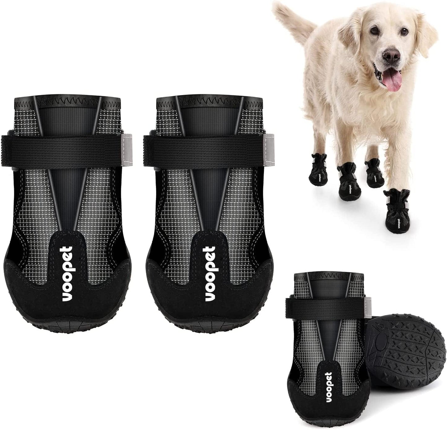 VOOPET Dog Booties for Hot Pavement Dog Shoes Paw Protectors, Waterproof Dog Hiking Boots Avoid Injury with Reflective Nylon Elastic Straps - Stay on Well & Non Slip Outsole Safety for Snowy Mudd Animals & Pet Supplies > Pet Supplies > Dog Supplies > Dog Apparel VOOPET Black Size 6 (Pack of 4)