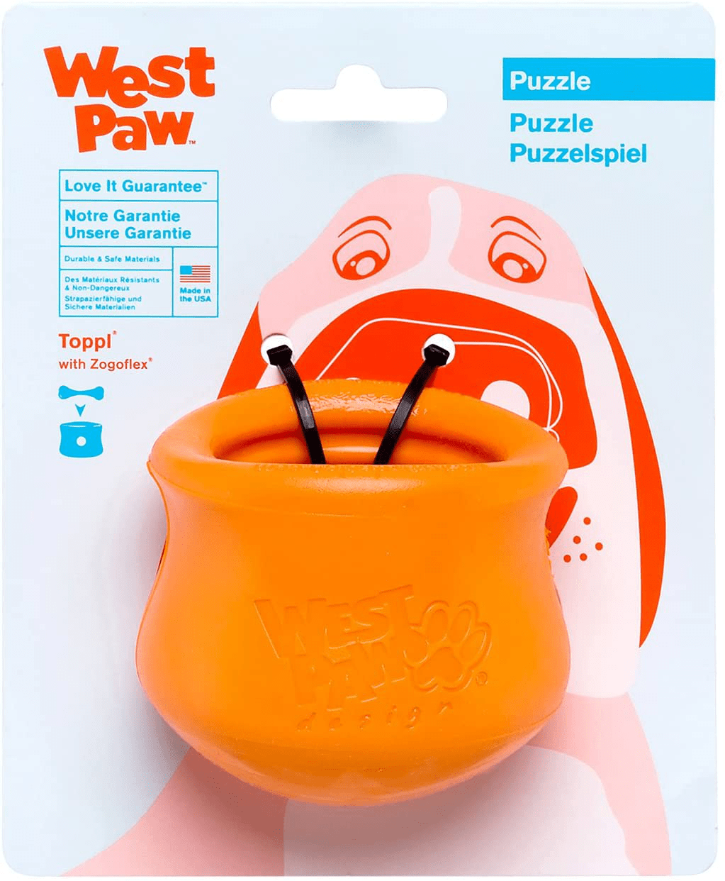WEST PAW Zogoflex Toppl Treat Dispensing Dog Toy Puzzle – Interactive Chew Toys for Dogs – Dog Toy for Moderate Chewers, Fetch, Catch – Holds Kibble, Dog Training Treats, Made in USA Animals & Pet Supplies > Pet Supplies > Dog Supplies > Dog Toys West Paw Tangerine Small