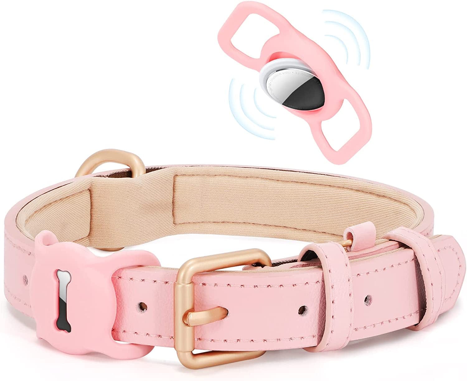 WHIPPY Airtag Leather Dog Collar GPS Tracker Air Tag Puppy Collar Adjustable Soft Leather Padded Dog Collar with Airtag Holder Case for Small Medium Large Dog Pet Backpack,Pink,M Electronics > GPS Accessories > GPS Cases WHIPPY A-pink+airtag case S:Neck 13"-17",Width 0.78" 