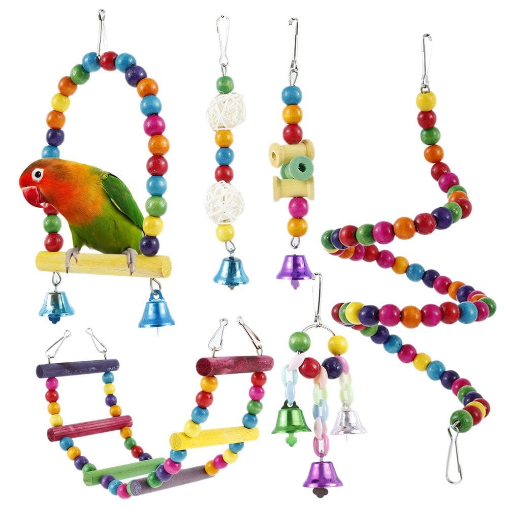 Willstar 6Pcs Bird Parrot Toys, Hanging Bell Pet Bird Cage Hammock Swing Toy Wooden Perch Chewing Toy for Parrots, Birds, Finches Animals & Pet Supplies > Pet Supplies > Bird Supplies > Bird Toys Willstar
