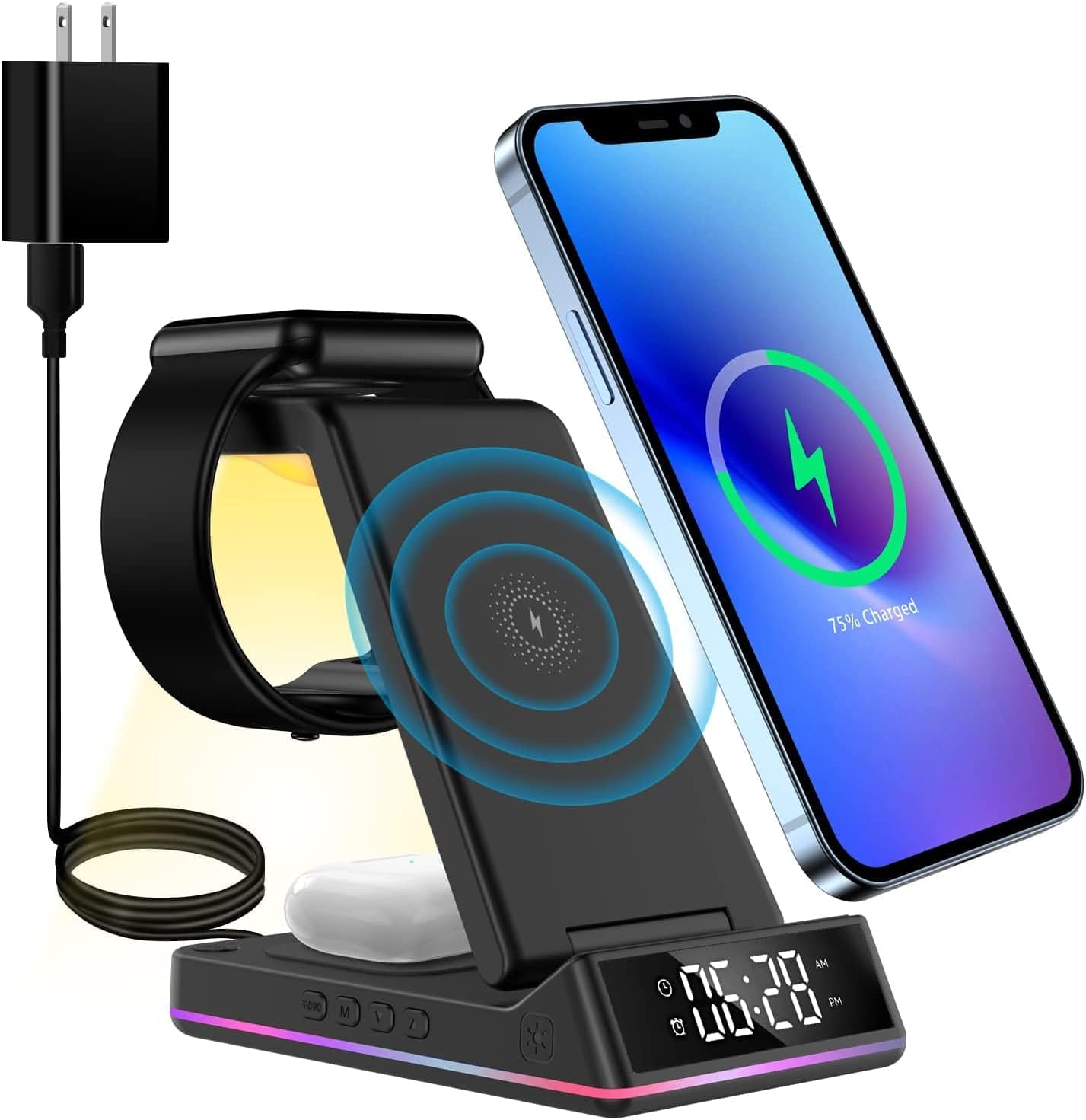 Wireless Charger Station, 3 in 1 Fast Charging Detachable Dock Station for Apple Watch 7/SE/6/5/4/3/2, Airpods 2/Pro, Iphone 13Pro Max/13 Pro/13/12/12Pro/11/11 Pro/X/Xr with QC3.0 Adapter Electronics > GPS Accessories > GPS Cases Auzev Black+Clock