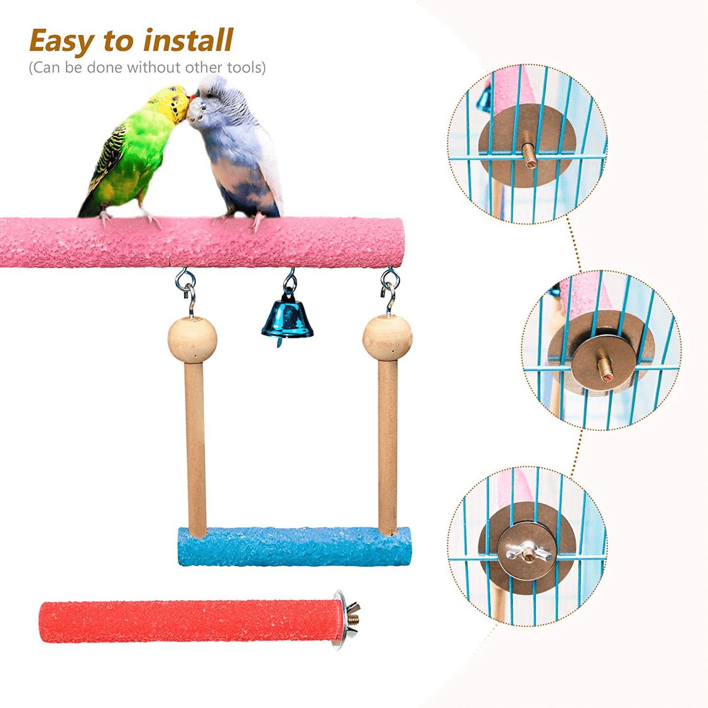 Wood Perch Toy with Bell for Bird Parrot Parakeet Cockatiel Conure Cockatoo African Grey Macaw Eclectus Amazon Lovebird Finch Canary Budgie Cage Stand Swing Animals & Pet Supplies > Pet Supplies > Bird Supplies > Bird Cage Accessories S-Mechanic