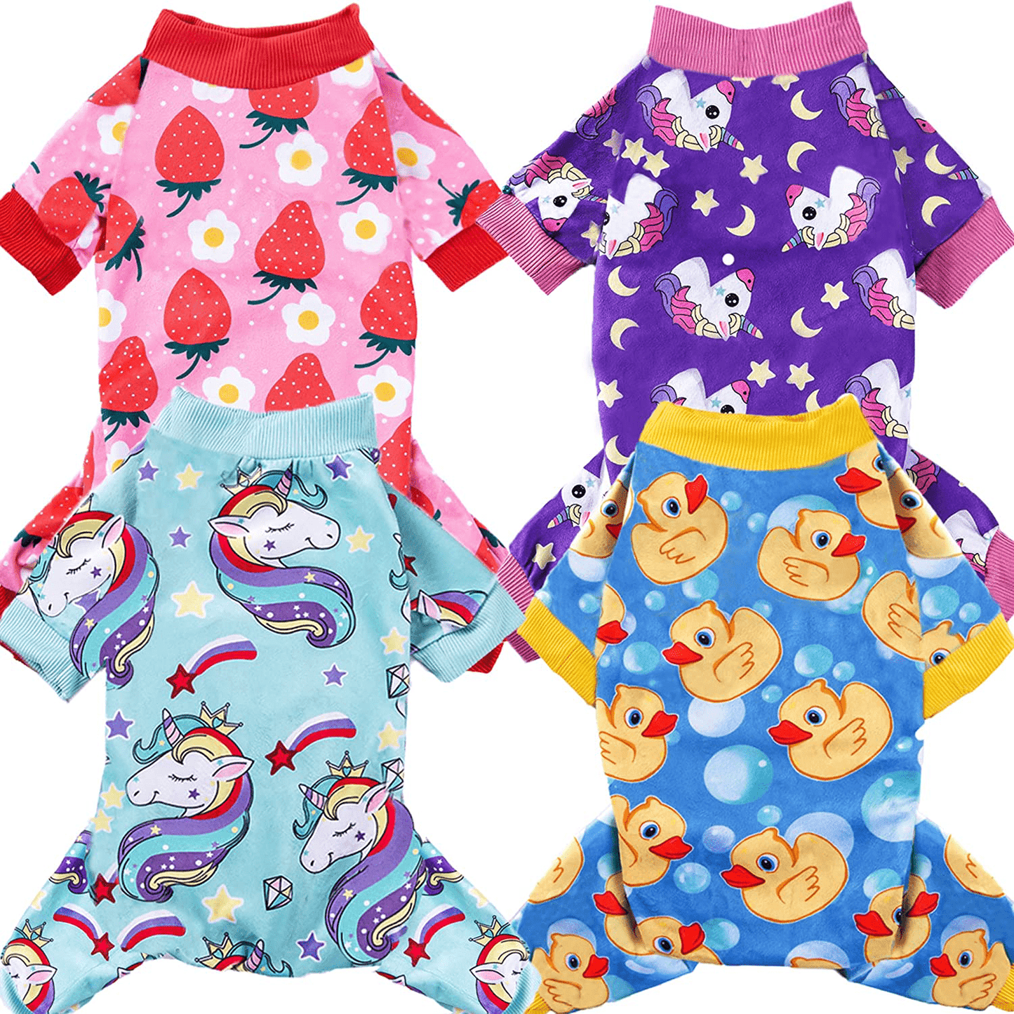 XPUDAC 4 Piece Dog Pajamas for Small Dogs Pjs Clothes Puppy Onesies Outfits for Doggie Christmas Shirts Sleeper for Pet Cats Jammies Animals & Pet Supplies > Pet Supplies > Dog Supplies > Dog Apparel XPUDAC Duck, Strawberry, 2 Unicorn X-Large(20-33 lbs)