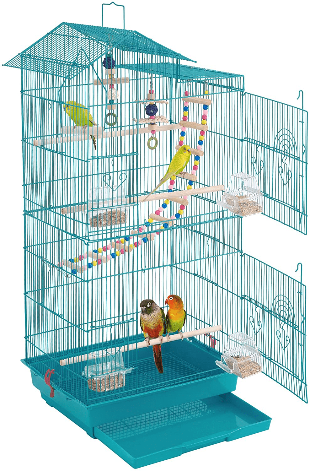 Yaheetech 39'' Iron Roof Top Bird Cage Parrot Cage for Small Birds Parakeet Budgie Cockatiel Lovebirds with Swing & Ladder Animals & Pet Supplies > Pet Supplies > Bird Supplies > Bird Cage Accessories Yaheetech Teal Blue