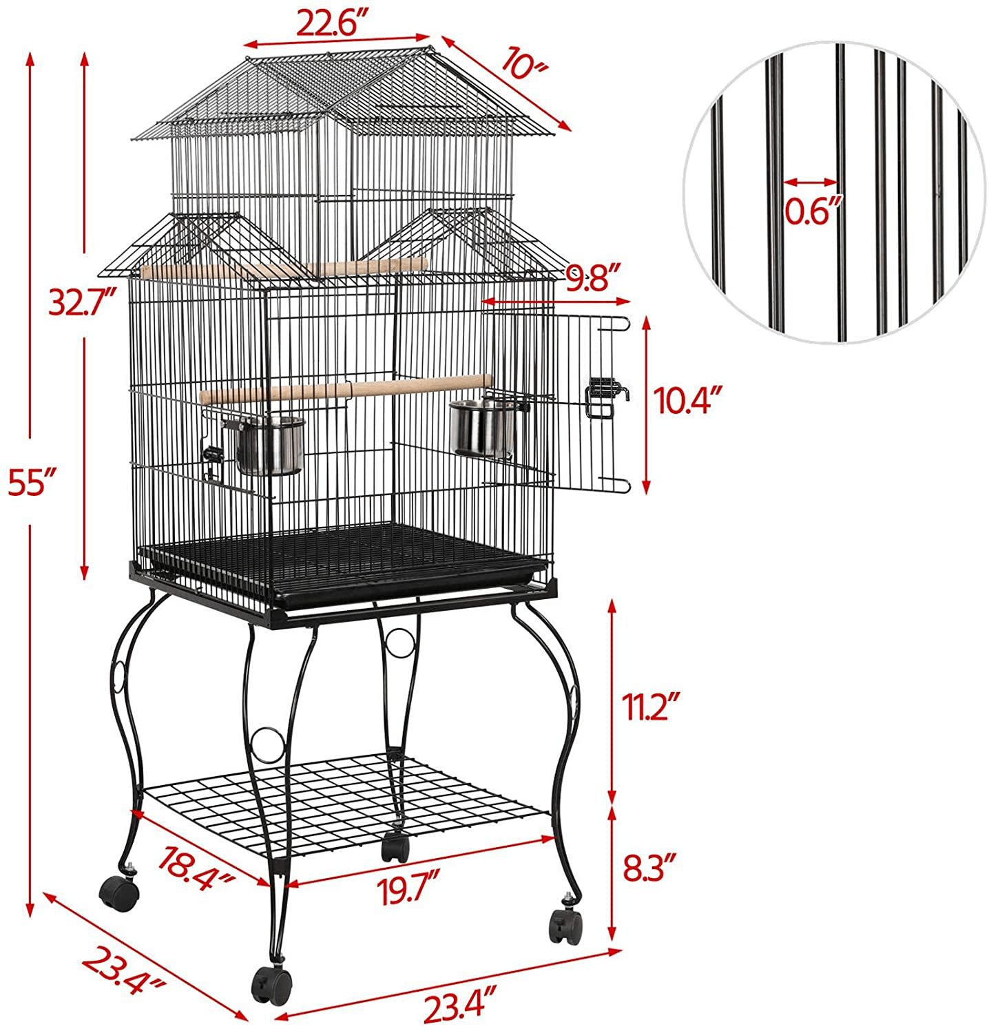 Yaheetech 55-Inch Rolling Standing Triple Roof Top Medium Parrot Cage for Mid-Sized Parrots Cockatiels Sun Parakeets Green Cheek Conures Caique Pet Bird Cage with Detachable Stand Animals & Pet Supplies > Pet Supplies > Bird Supplies > Bird Cages & Stands Yaheetech