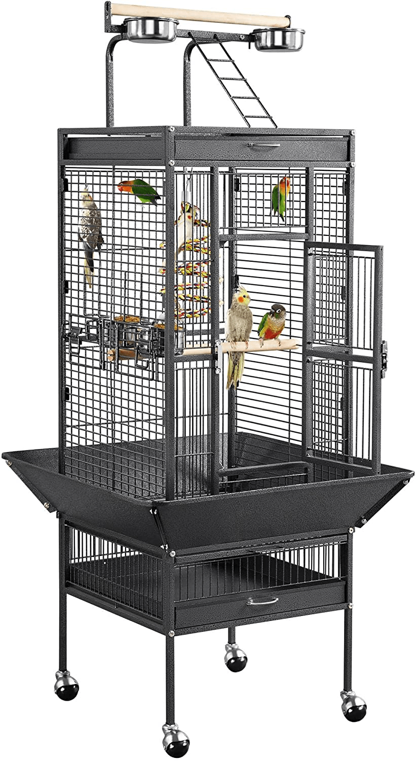Yaheetech 61-Inch Playtop Wrought Iron Large Parrot Bird Cages with Rolling Stand for Cockatiels Amazon Parrot Quaker Conure Parakeet Lovebird Finch Canary Small Medium Parrot Cage Birdcage Animals & Pet Supplies > Pet Supplies > Bird Supplies > Bird Cages & Stands Yaheetech Black