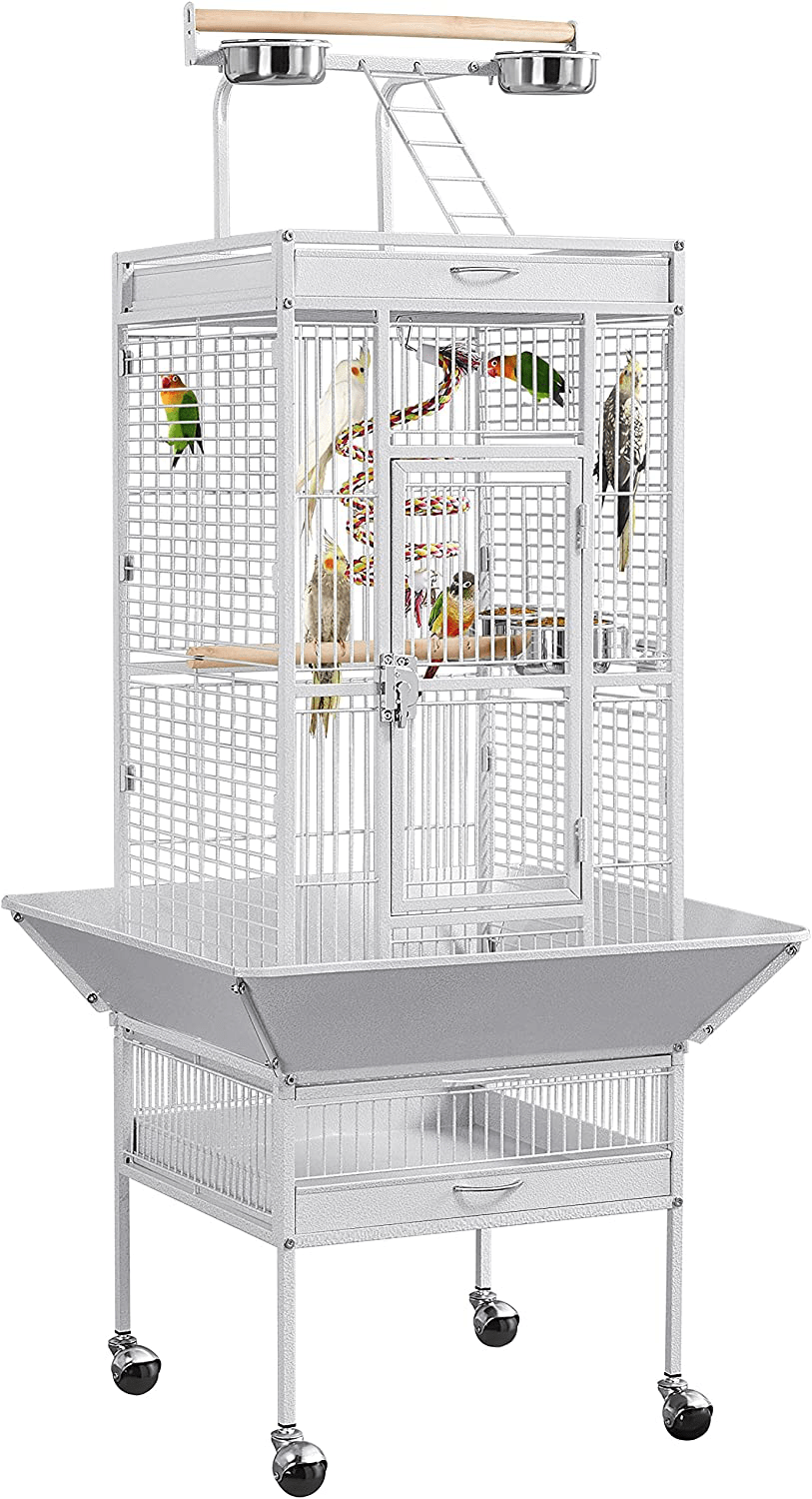 Yaheetech 61-Inch Playtop Wrought Iron Large Parrot Bird Cages with Rolling Stand for Cockatiels Amazon Parrot Quaker Conure Parakeet Lovebird Finch Canary Small Medium Parrot Cage Birdcage Animals & Pet Supplies > Pet Supplies > Bird Supplies > Bird Cages & Stands Yaheetech White