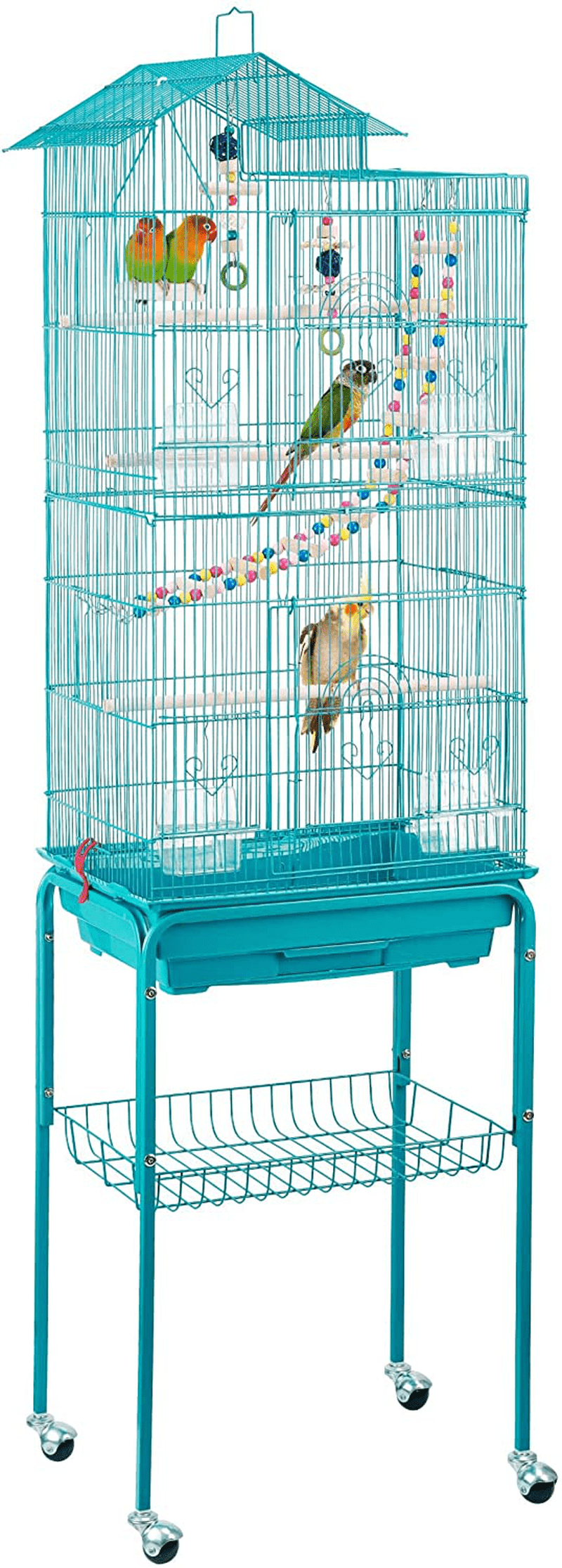 Yaheetech 62.4'' Roof Top Bird Cage Wrought Iron Rolling Parrot Cage for Medium Small Birds Budgies Cockatiels Parakeets Animals & Pet Supplies > Pet Supplies > Bird Supplies > Bird Cage Accessories Yaheetech Teal Blue