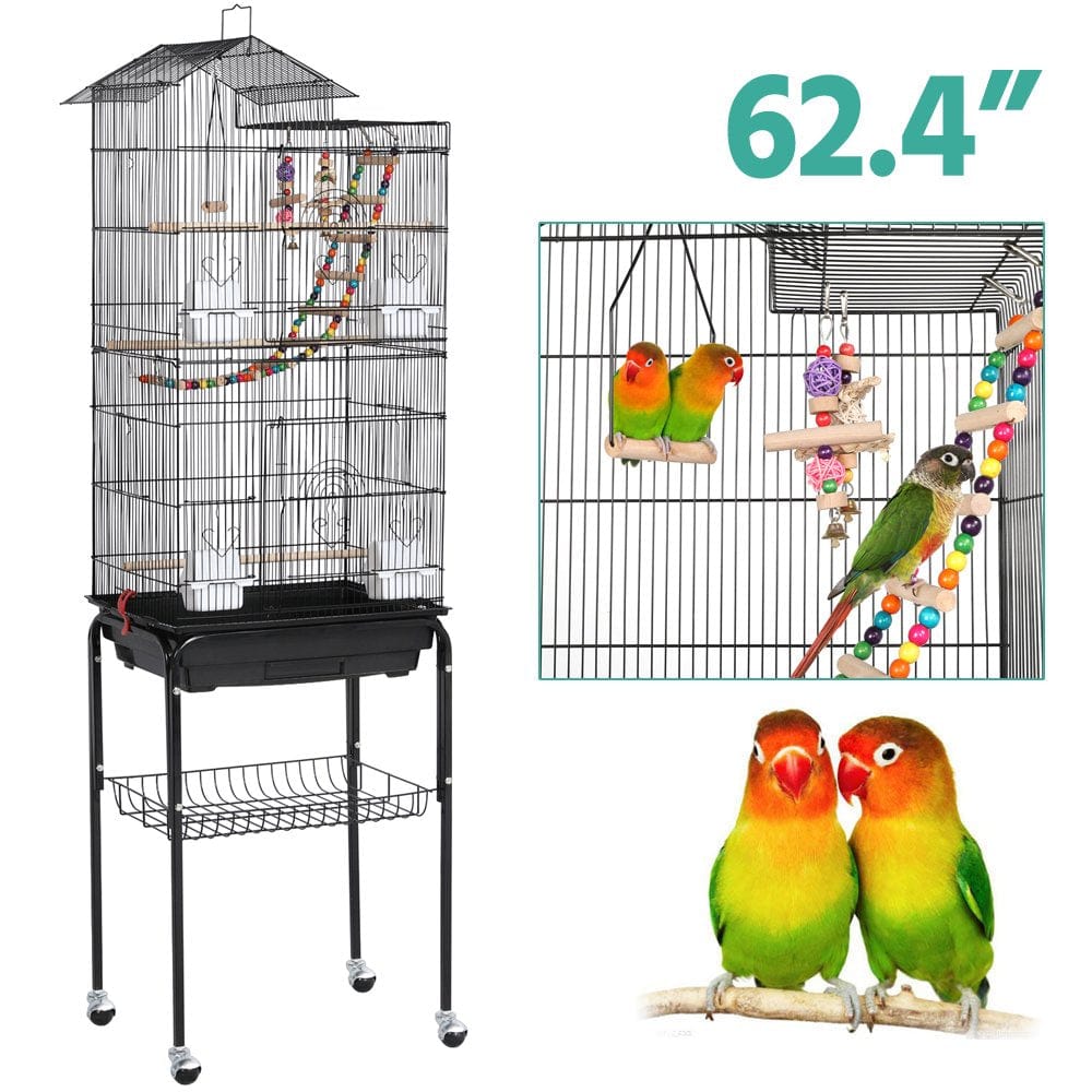 Yaheetech Rolling Metal Bird Cage with Detachable Stand Large Parrot Cage W/ Stand & Toys Budgies Cockatiels Parakeets, Almond Animals & Pet Supplies > Pet Supplies > Bird Supplies > Bird Cages & Stands Yaheetech Black
