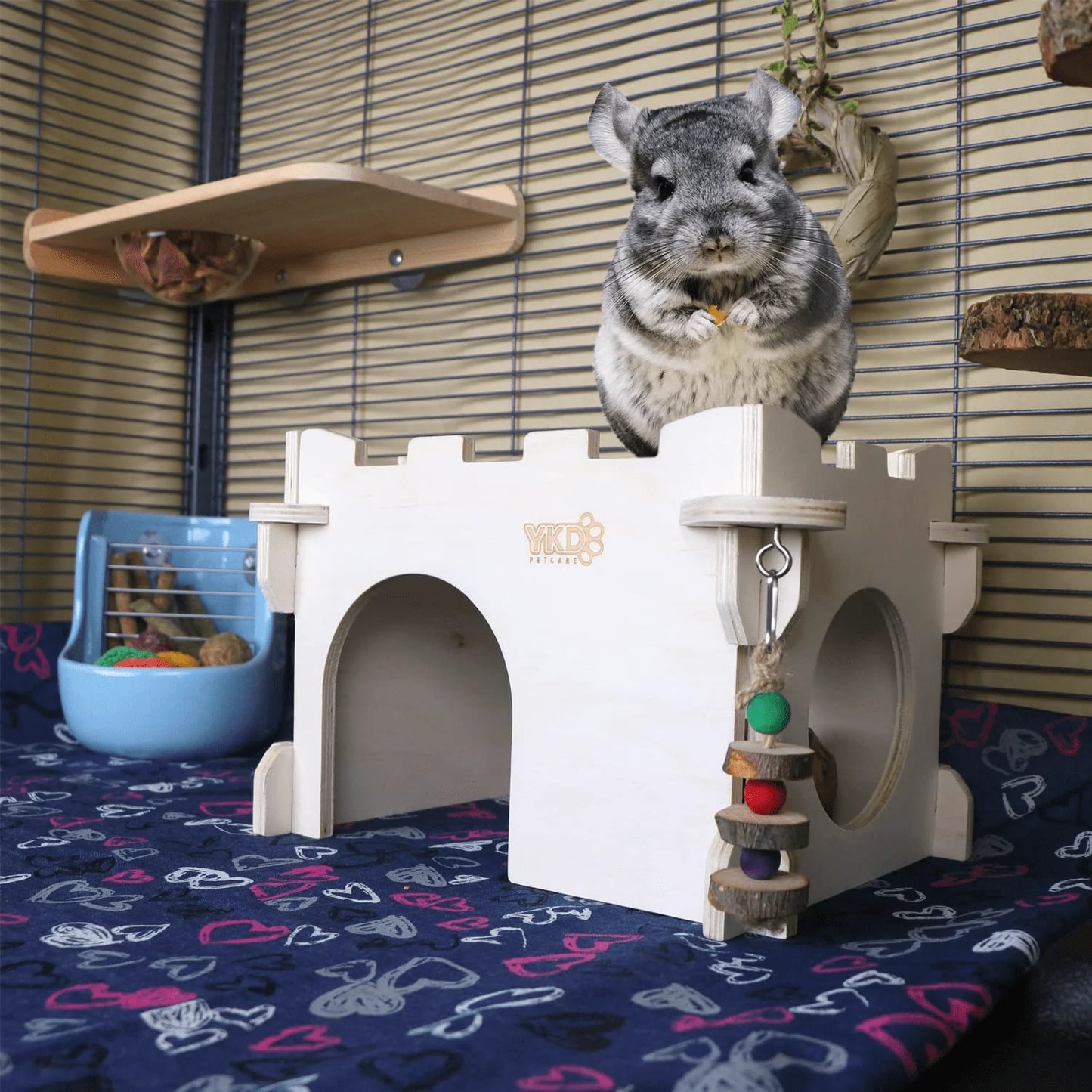 YKD Castle Chinchilla House - Small Animal Hideout for Chinchilla Guinea Pig Hedgehog, or Rat - Ventilated Wooden Hamster Habitat with Multiple Doors - Made from Natural Wood Animals & Pet Supplies > Pet Supplies > Small Animal Supplies > Small Animal Habitat Accessories YKD