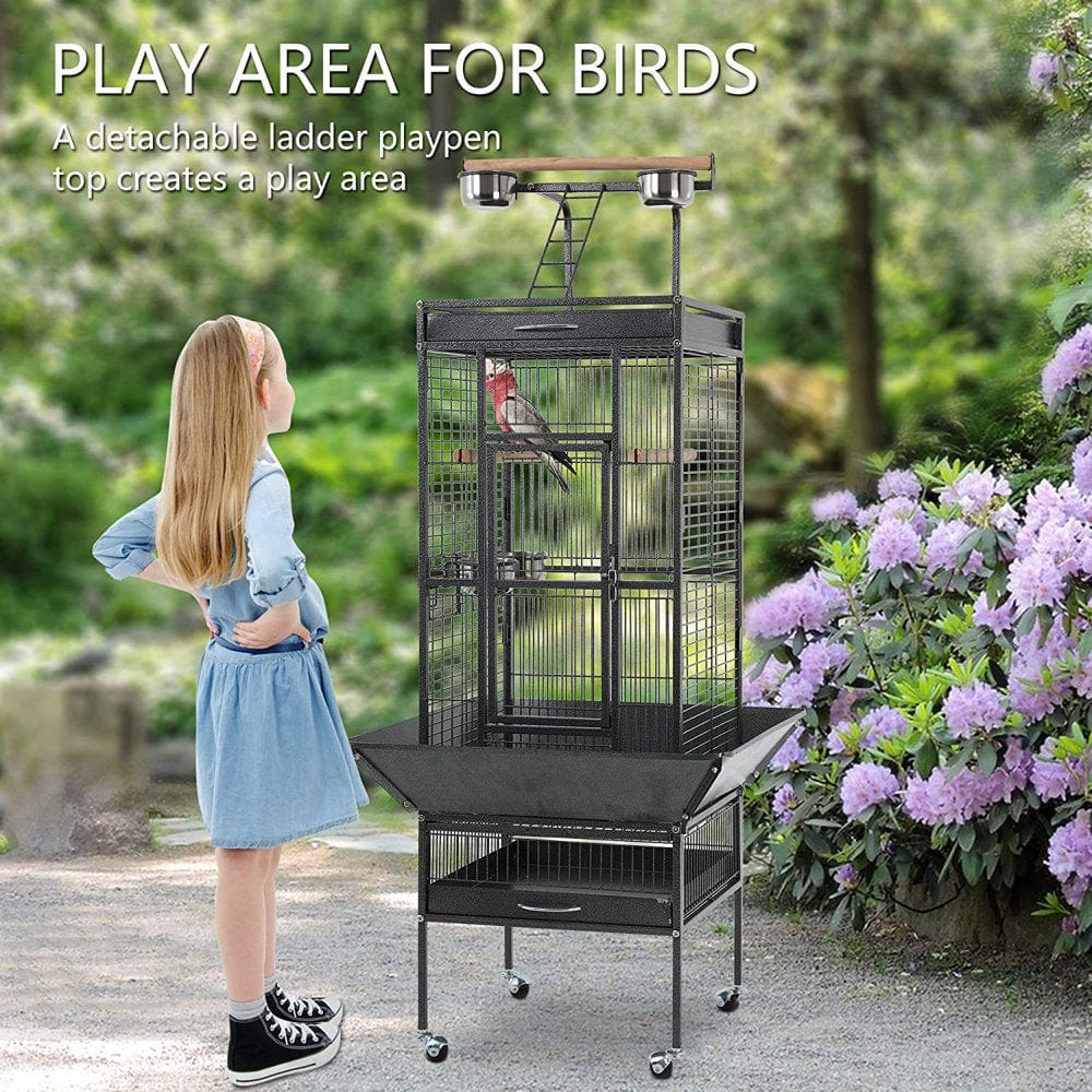 YRLLENSDAN 61-Inch Wrought Iron Large Bird Cage with Play Top and Rolling Stand Parrot Cage Bird Cages, Black Animals & Pet Supplies > Pet Supplies > Bird Supplies > Bird Cages & Stands YRLLENSDAN