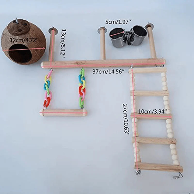 YZJC Parrot Playground Bird Perches Stand Bird Cage Play Gyms Perch Toy with Climbing Ladders Swing Feeder Cups Coconut Shell Nest Exercise Toys Animals & Pet Supplies > Pet Supplies > Bird Supplies > Bird Gyms & Playstands YZJC