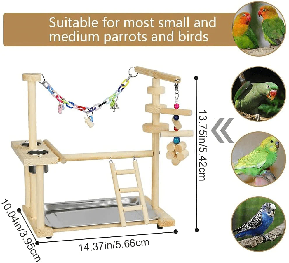 YZJC Wood Parrots Play Stand Bird Playground Play Gym Parakeet Playpen with Ladder Swing Bird Chew Toy and Stainless Steel Feeder Cup 14.37X10.04X13.78 Inch Animals & Pet Supplies > Pet Supplies > Bird Supplies > Bird Gyms & Playstands YZJC