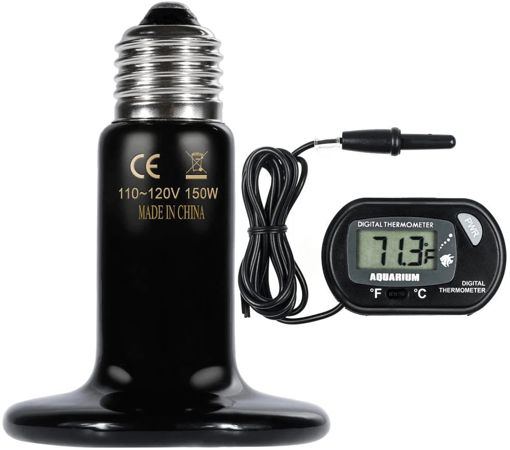 Zacro Reptile Heat Lamp 60W / 100W / 150W with One Digital Thermometer, Infrared Ceramic Heating Non-Light Lamps Emitter 110V (Black) Animals & Pet Supplies > Pet Supplies > Small Animal Supplies > Small Animal Habitat Accessories Zacro 150W