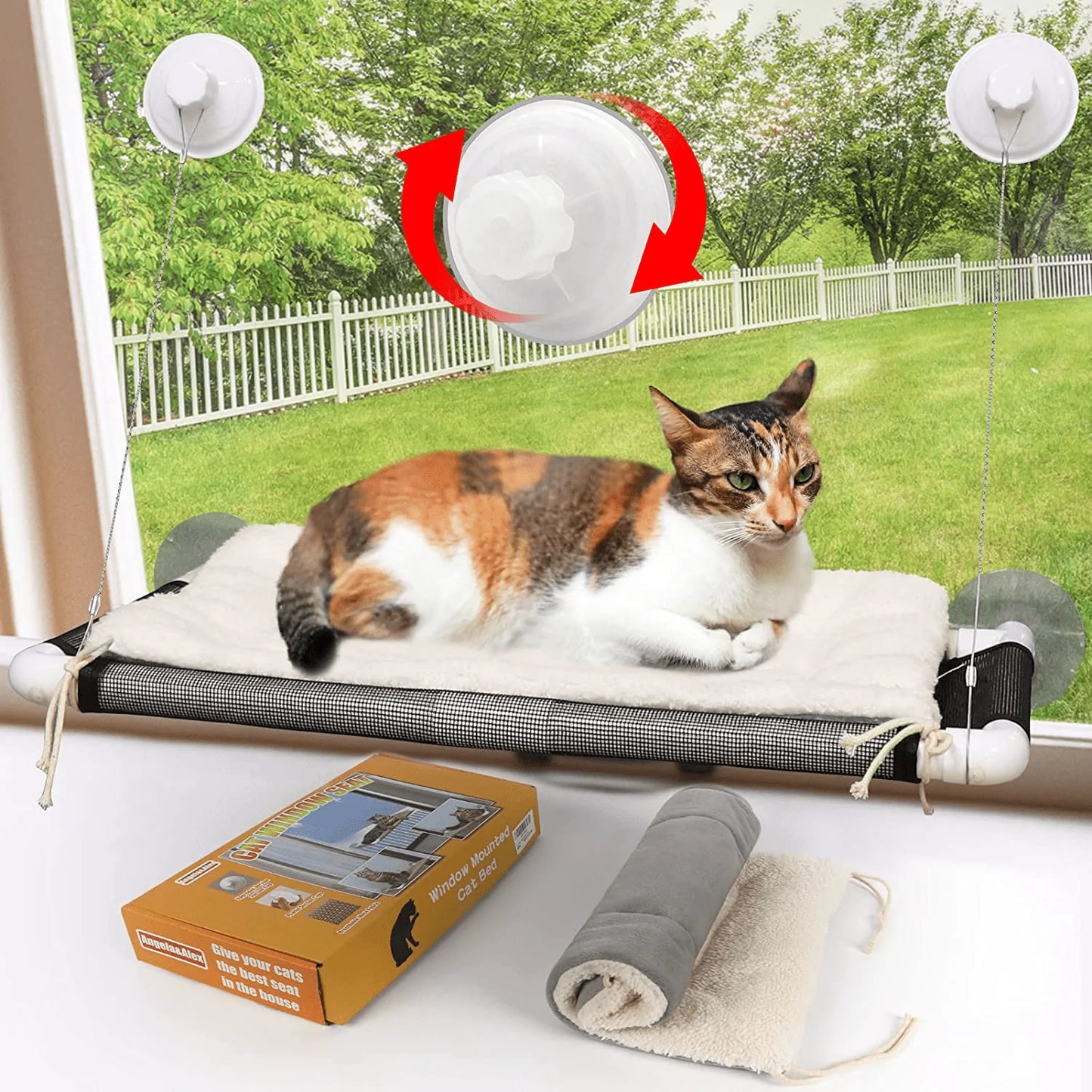 ZALALOVA Cat Window Perch, Cat Hammock Window Seat W/Free Fleece Blanket 2021 Latest Screw Suction Cups Extra Large Sturdy Cat Bed Cat Resting Seat Holds Two Large Cats Indoors Outdoors Animals & Pet Supplies > Pet Supplies > Cat Supplies > Cat Beds ZALALOVA Beige