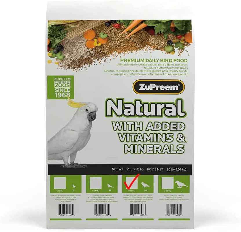 Zupreem Natural Bird Food Pellets for Parrots & Conures, 20 Lb - Daily Nutrition, Made in USA for Caiques, African Greys, Senegals, Amazons, Eclectus Animals & Pet Supplies > Pet Supplies > Bird Supplies > Bird Food ZuPreem