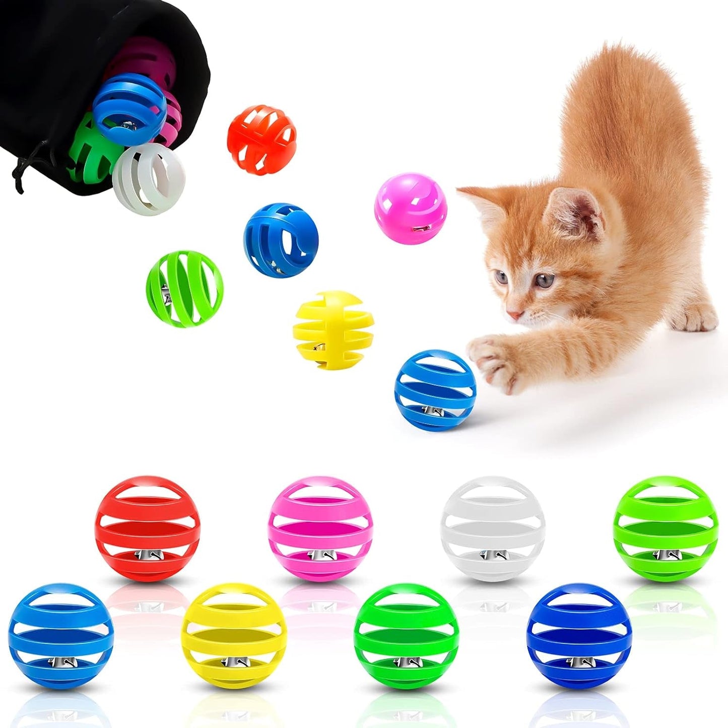 21 Pieces Plastic Cat Toy Balls with Bell inside Kitten Chase Toys Lattice Bell Balls Cat Pounce Rattle Ball with Black Plush Drawstring Bag for Cat Exercise and Play Indoor