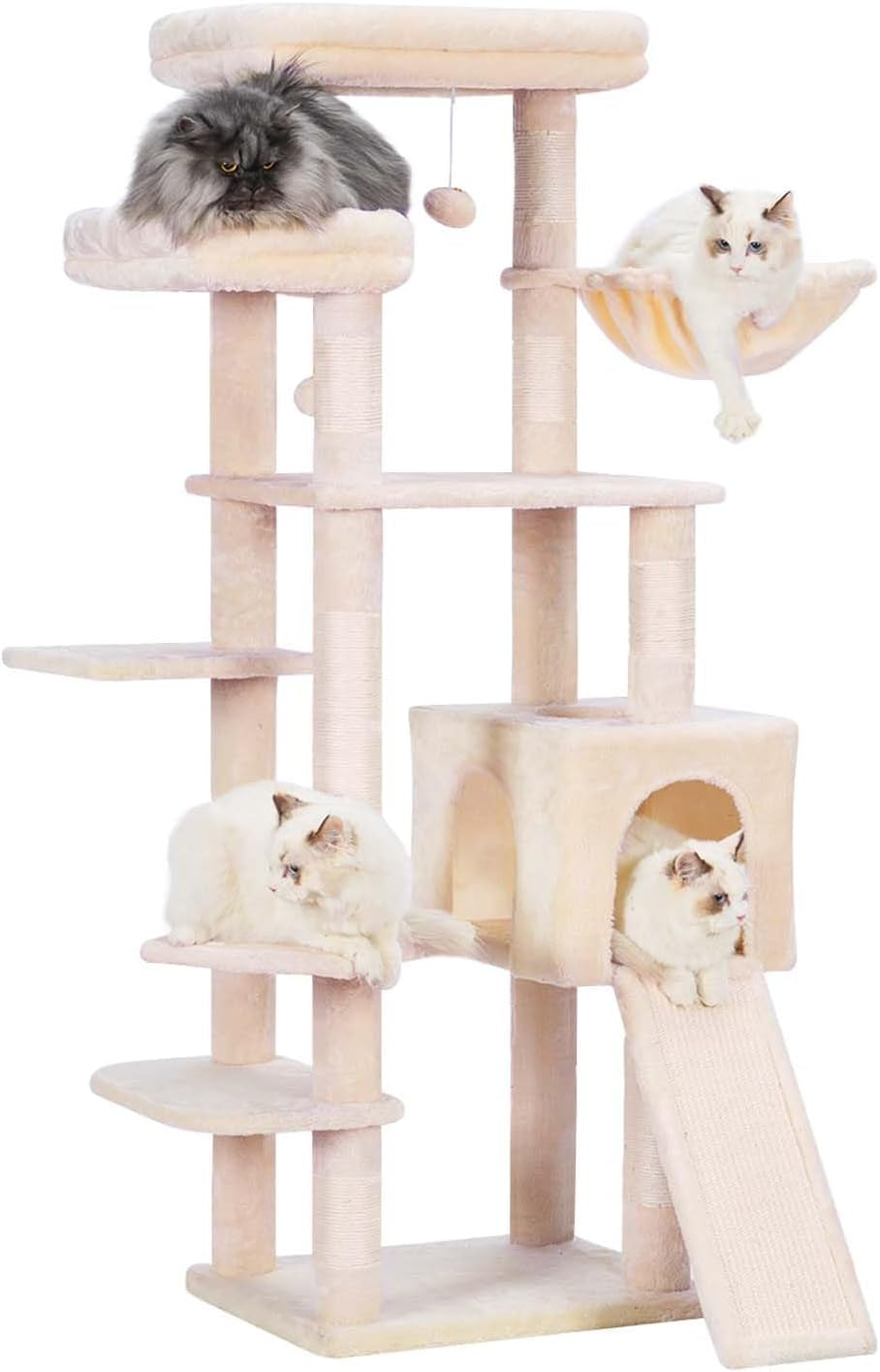 Hey-Brother Cat Tree for Indoor Cats, 62.6" Cat Tower with Scratching Post, Cat Condo with Two Large Platforms, Hammock, Big Scratcher, Smoky Gray MPJ029G