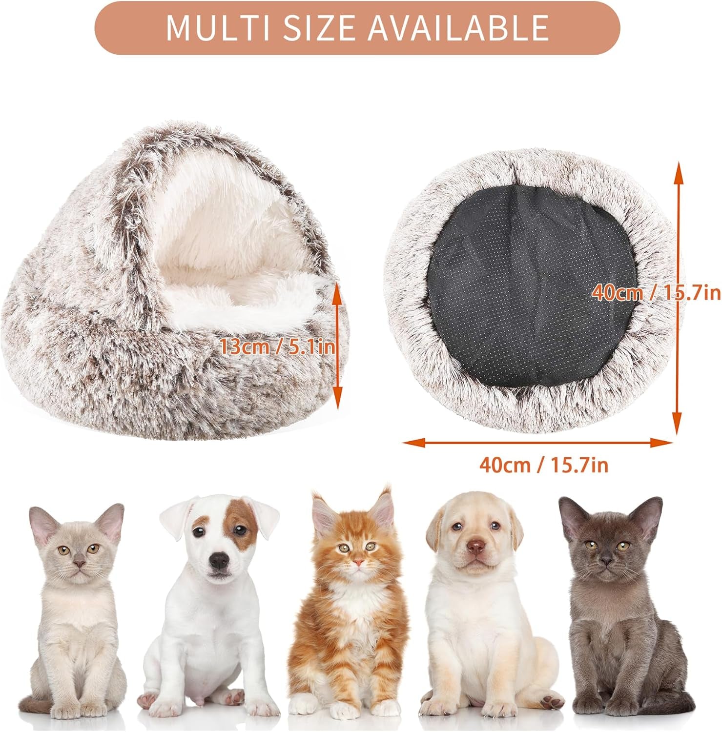 Calming Dog Beds & Cat Cave Bed with Hooded Cover, Anti-Anxiety Soft Plush Faux Fur round Beds for Puppies and Kitties, Cozy Warm Fluffy Sleeping Nest (Coffee)