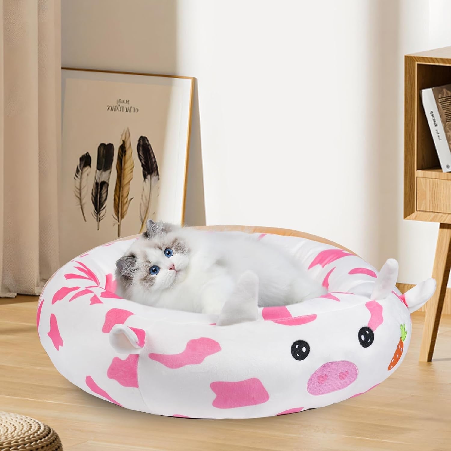 26" Strawberry Cow Pet Bed, Calming Dog & Cat Plush Bed, Fulffy Comfy Padded Cat Mat Plush Pet Bed, Non-Slip Bottom, Soft Washable Sleeping Dog Cot for Medium Small Dogs Cat Puppy Kitty