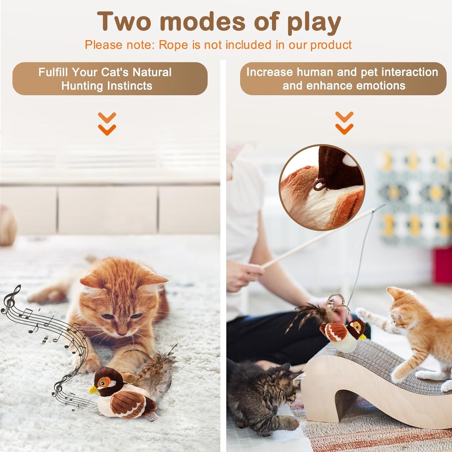 2 Pack Cat Toys Interactive for Indoor Cats Electric Moving Mouse & Chirping Bird Toys Set Squeak Sound Melody Chaser for Kitten to Play, Funning Exercise Feather Toys for Kitty