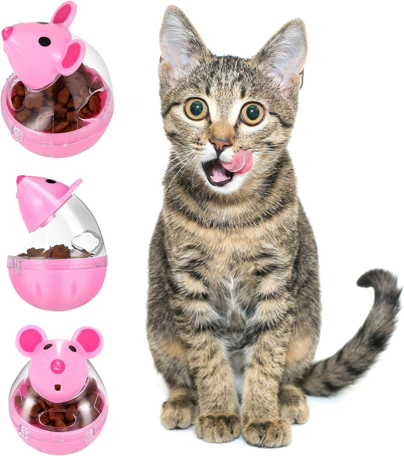 4 Pcs Cat Food Ball Dispenser, Small Cat Food Balls Slow Feeder Mice Shaped Tumbler Cat Food Toy Cat Treat Toy Feeder Toy for Interactive Training(Pink,White)