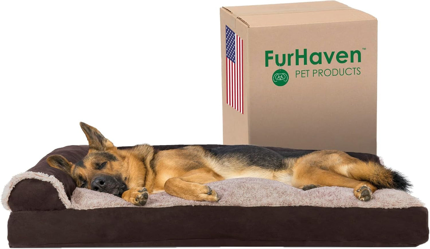 Furhaven Pillow Dog Bed for Large Dogs W/ Removable Bolsters & Washable Cover - Two-Tone Plush Faux Fur & Suede L Shaped Chaise - Stone Gray, Jumbo/Xl