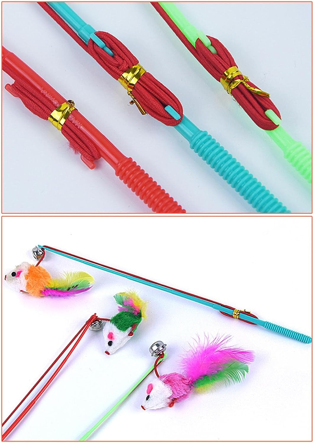 3 Pcs Interactive Toy with Colorful Fake Mouse Feather Wand Teaser Toy Exercise Supplies Interactive Toy for Indoor Adult Cats Kitten Exercise Replacement