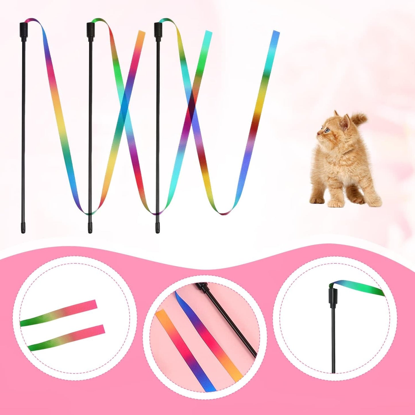 3Pcs Interactive Cat Wand Toys, Rainbow Colorful Cat Wand Toys Colorful Cat Interactive Toys Ribbon String Charmer Stick for Cats Kittens