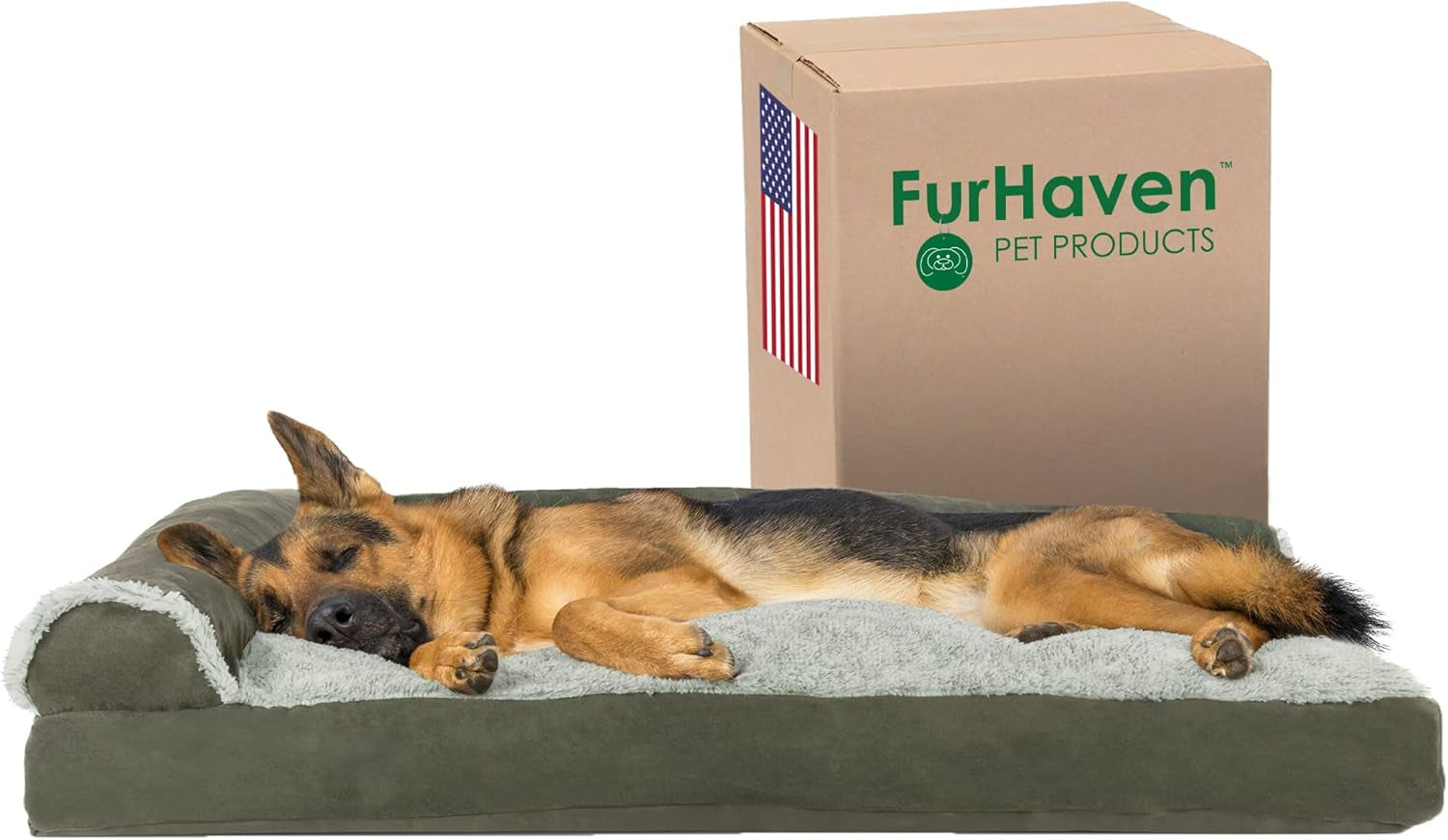 Furhaven Pillow Dog Bed for Large Dogs W/ Removable Bolsters & Washable Cover - Two-Tone Plush Faux Fur & Suede L Shaped Chaise - Stone Gray, Jumbo/Xl