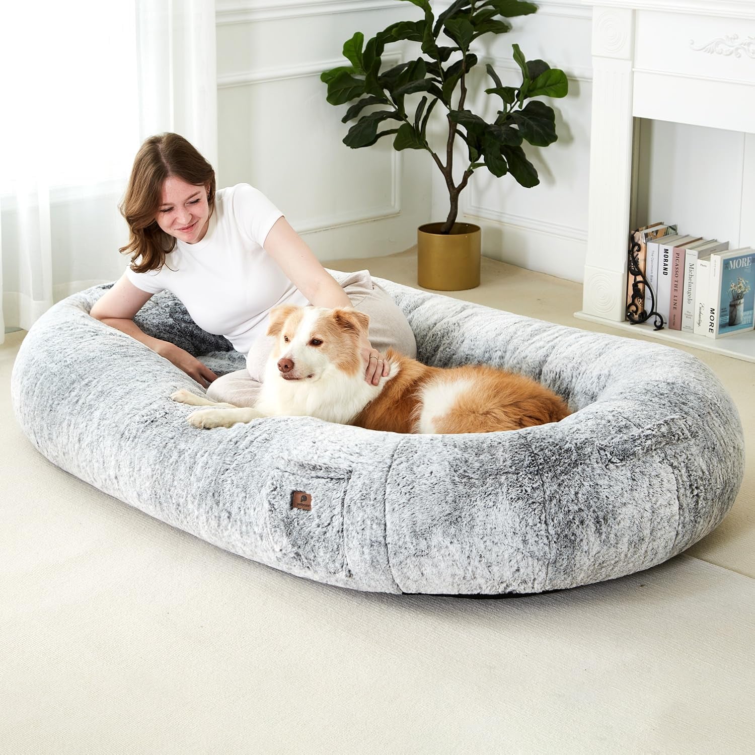 Human Dog Bed for Adult, Fluffy Faux Rabbit Fur Human Size Dog Bed Better Sleeping, Supportive with Orthopedic Memory Foam Mats, Giant Dog Bean Bag Bed, 72"X42"X12", Grey