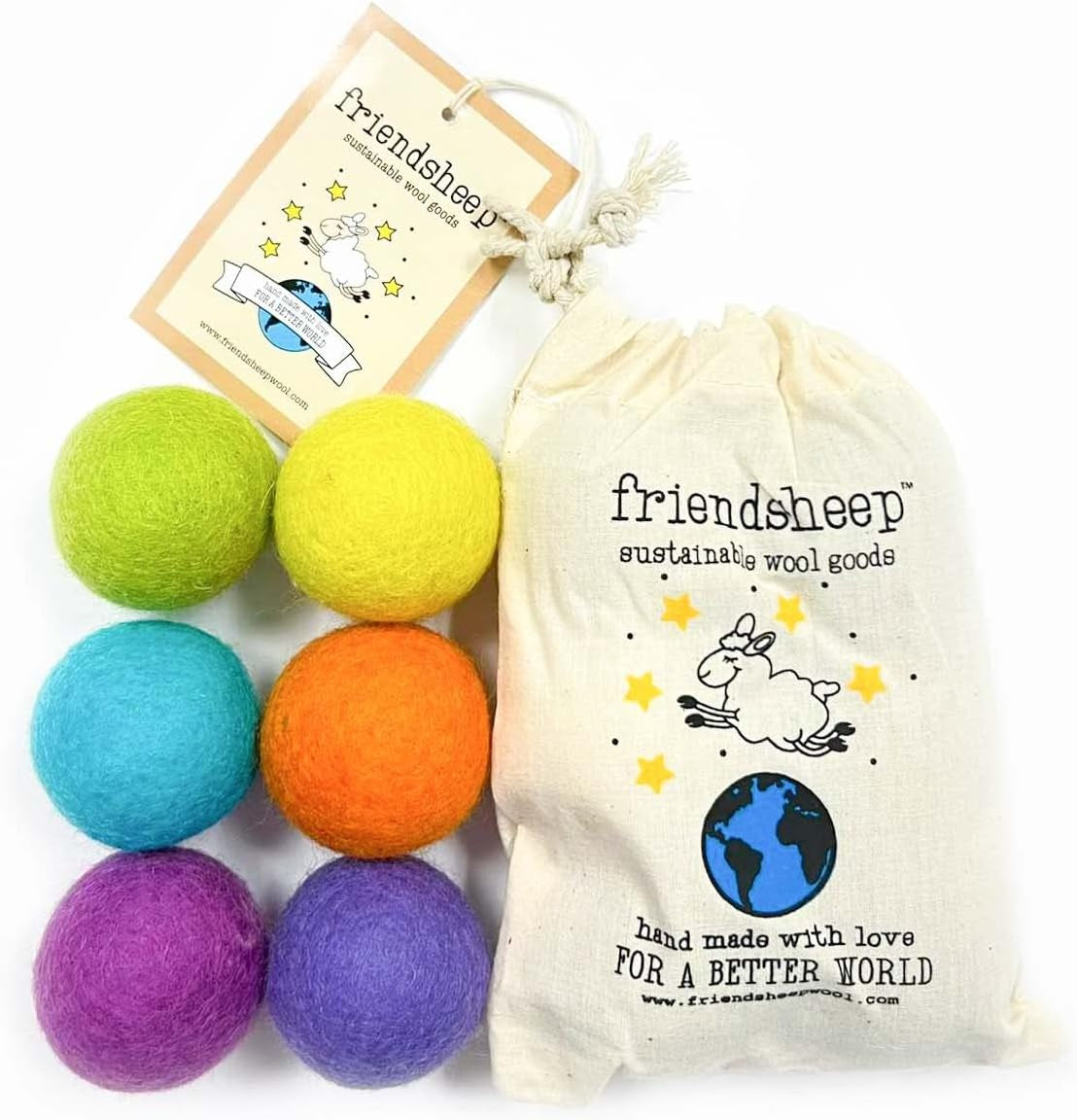 Friendsheep Eco Wool Pet Toy Ball - Cat, Ferret, Small Dog - Fair Trade, Handmade in Nepal, Eco-Friendly - 100% Wool, 6-Pack (Balls X6, Rainbow Land)