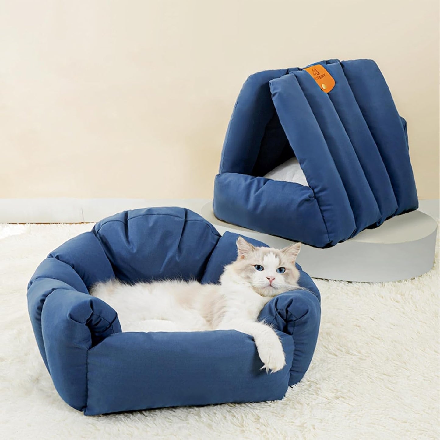 Cat Bed, Dual-Use Cat House, Cozy Enclosed Cat Tent with Cover, Hooded Cat Hut with Fluffy Removable Plush Cushion, Washable Pet Bed, Small Dogs, Puppy, Kitten, Rabbit, Warm for Winter, Blue