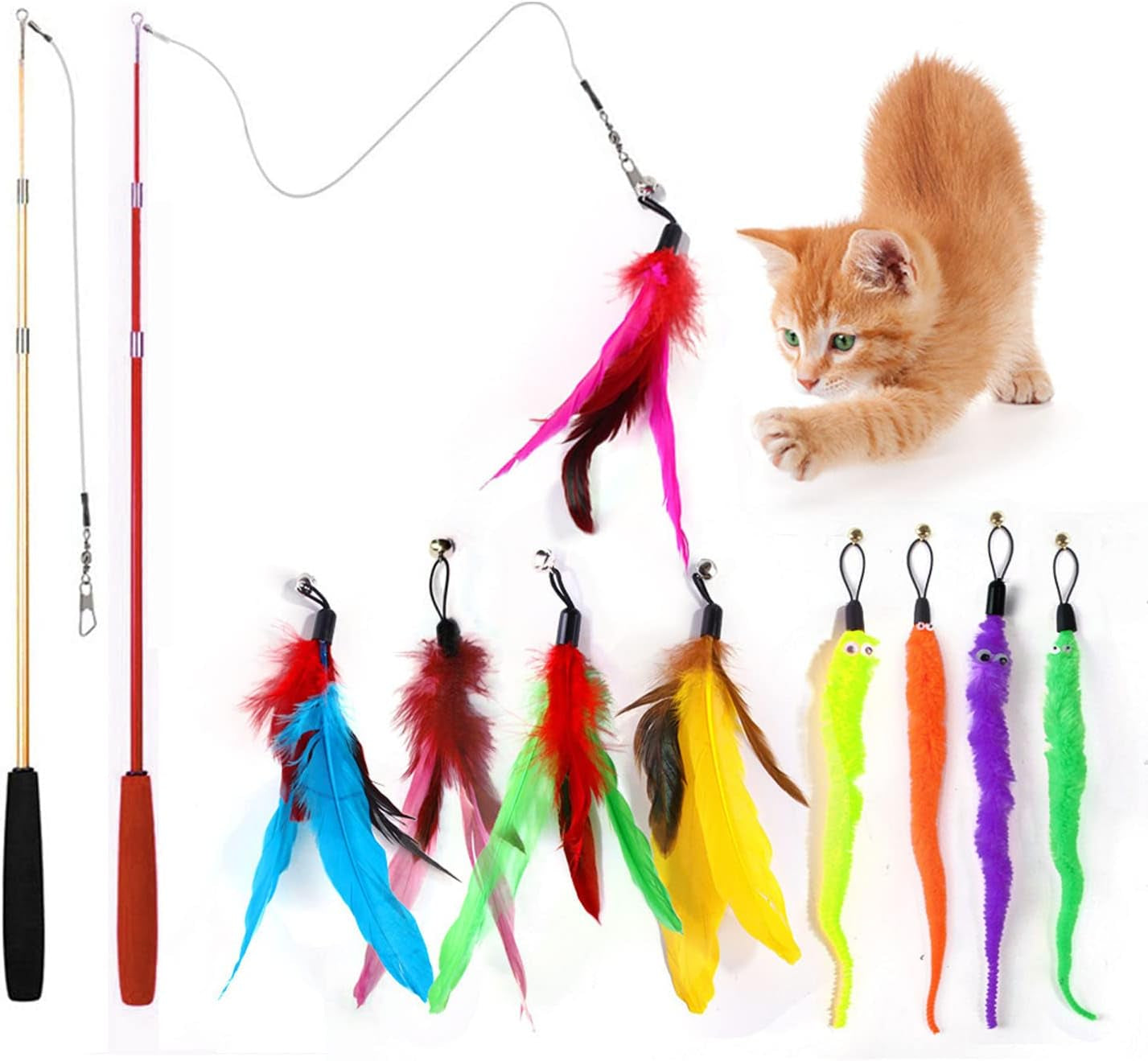 11 Pcs Cat Kitten Feather Stick String Teaser Chasing Exercise Entertain Toy Interactive, Including 2 Retractable Fishing Rod Cat Sticks, 5 Feathers and 4 Magic Worm Cat Toys Replacement.