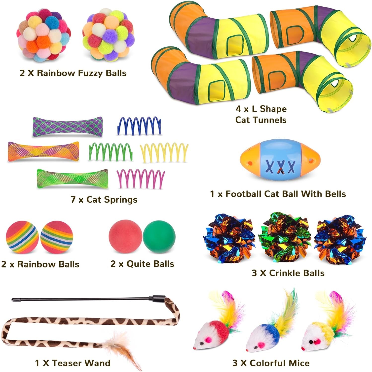 25 Pcs Cat Toys Set,Kitten Toys for Indoor Cats,Collapsible Cat Tunnel Tubes Interactive Feather Teaser Wand Toy for Kitten Cats Springs Mouse Crinkle Toys Rainbow Football Cat Ball with Bell Toy